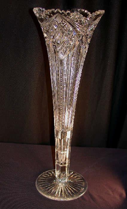 2048 - Extremely large brilliant cut glass trumpet vase with zipper cut, 20in. T, 7in. Dia.