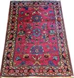 Lot#3031, HAMADAN PERSIAN HAND WOVEN RUG, C. 1920, W 3' 4" L 4' 7"Decorated with all over floral motif on a raspberry ground, with beige, blue, and yellow accents. Measuring L. 4 ft. 7 x 3 ft. 4. Circa 1920.