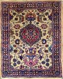 Lot#3056, MASHAD NORTHEAST IRAN HAND WOVEN RUG, C. 1920, W 2' 4" L 2' 10"Featuring a center medallion and urn form, decorated in an all over scrolling foliate and floral motif on an ivory ground. Carpet measures L. 2 ft. 10 x 2 ft. 4. Circa 1920.