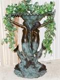Lot#3, ART NOUVEAU PATINATED BRONZE MERMAID FOUNTAIN, H 61" W 42"Raised on a base of two dolphins below two semi nude mermaid figures at either side. Having a green patina, measuring H. 61" x 42".
