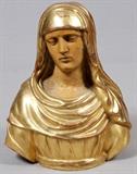 Lot#9, CARVED GILT WOOD BUST OF MADONNA, H 21" W 16"Bust of Madonna, depicted with her eyes cast down, wearing a garment decorated in gold. Measuring H. 21" x 16".