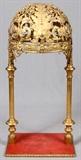 Lot#10, CONTINENTAL PIERCED GILT METAL DOMED CANOPY, H 55"Gilt metal dome form canopy, pierce decorated in scrolling foliate motif, with central cross form, measuring H. 55".