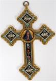 Lot#25, ITALIAN MICRO MOSAIC CROSS, H 5 1/2", W 4"Cross form with central image of Mary, decorated in micro mosaic dove and floral motif on a black and blue ground. Measuring H. 5 1/2" x 4".