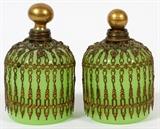 Lot#36, GILT METAL & GLASS COLOGNE BOTTLES, C. 1920, TWO, H 4 1/4"Mounted with gilt metal overall, and fitted with fired gold ball form stoppers, measuring H. 4 1/4" and H. 4 1/2". Circa 1920.