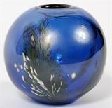 Lot#43, DOMINICK LABINO [1910-1987], ART GLASS VASE, 1982, H 3 1/4"Globular form vase, colored in blue, and decorated with floral and leaf design. Signed and dated, "1-1982" at the underside, measuring H. 3 1/4".