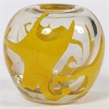 Lot#48, DOMINICK LABINO [1910-1987], ART GLASS VASE, 1971, H 3 3/4"Bulbous form vase, internally decorated with yellow swirl design. Signed and dated, "5-1971" at the underside, measuring H. 3 3/4".