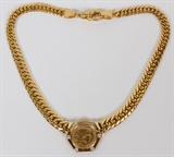 Lot#121, 18KT GOLD & DIAMOND FRENCH COIN PENDANT NECKLACE, L 16"18kt yellow gold lady's necklace, featuring a French coin center pendant, surrounded by 0.38 carats of round bezel set diamonds. Measuring L. 16", with a total approximate weight of 49.3 grams.