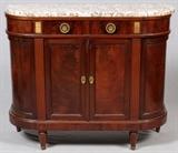 Lot#142, SHERATON STYLE MARBLE TOP SIDEBOARD, H 40", W 47", D 17"Fitted with a pair of doors flanked by fluted columns, and below two drawers with brass loop pulls. Having a marble top, measuring H. 40" x 47" x 17".