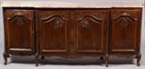 Lot#143, COUNTRY FRENCH STYLE MARBLE TOP SIDEBOARD, H 38", L 90"Fitted with four doors, raised on carved scroll form feet, having a rouge marble top. The sideboard measures H. 38 1/2" x 90" x 19".