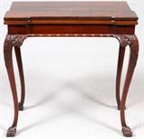 Lot#147, CHIPPENDALE STYLE, FLIP TOP TABLE, H 30", W 30", D 15" CLOSED/Raised on carved cabriole legs with ball and talon feet. Measuring H. 30" x 30" x 15" closed. 30" open.
