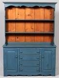 Lot#152, AMERICAN COUNTRY, PAINTED PINE CHINA CABINET, H 78", W 58", D 14"Painted in blue, fitted with two drawers, four drawers, and two open shelves. Measuring H. 78" x 58" x 14".