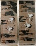 Lot#200, ANTIQUE CHINESE PANELS, TWO, H 53", W 19", CRANES IN FLIGHT//Each depicting two cranes in flight over a landscape. Label on verso inscribed: "Antique And Original Kakamona Panel Direct Importation from Peking, China". Uniformly framed, measuring H. 53" x 19".