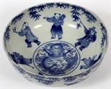 Lot#223, CHINESE PORCELAIN BLUE & WHITE BOWL, DIA 10 1/2"/Having a blue and white design with figures in the well with leaves and dragon in the center. Additional figures on the outside. Signed.