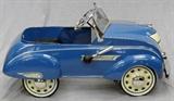 Lot#242, STARCRAFT CHRYSLER AIRFLOW PEDAL CAR, CIRCA 1930'S/Completely restored. Pressed steel, blue body with white grille highlighting headlights and bulb horn on side.