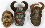 Lot#352, AFRICAN WOOD CARVED MASKS, 3 PCS, H 9" - 14"painted masks depicting two men with horns, one with moustache and beard.