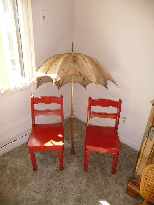child's chairs, OLD umbrella ( as IS )
