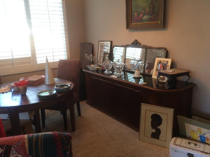 Dining table, Art Deco sideboard, antique mirror, art