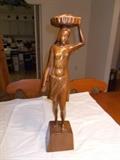 Wood Carved Lady With Basket on Her Head - TALL