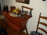 dough box w/lid, scale, ladder back chairs