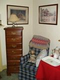 wing chair, cherry chest, prints