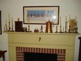 copper coffee pot, brass candlesticks