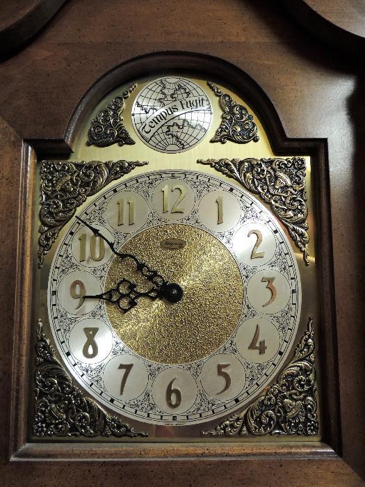 Close up view-face of Ridgeway long case clock.