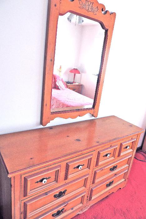 Young-Hinkle "Cape Cod" Dresser and mirror form bedroom set. Color in this photo reads as more red than in person. Will try to reshoot in light at different time of day for more accurate rendition.