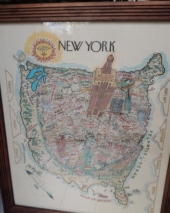 Vintage framed print, "New York", depicts historic areas of various ethnicities and local landmarks in NYC.