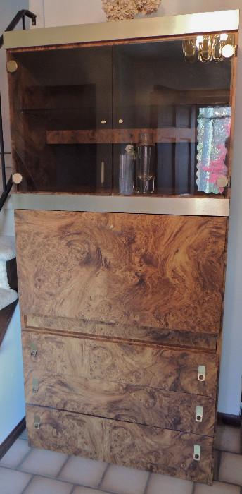 Second piece of contemporary burl finish wall unit, this section features drop down door concealing bar compartment.