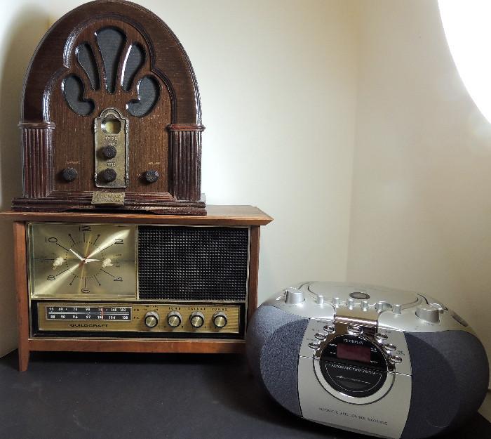 Radios-antique replica on top, lower left is old, older CD/radio. Also have some tubes for vintage radio repair.