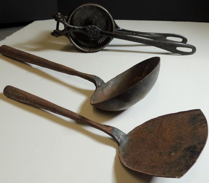 Vintage kitchen utensils, top-antique potato masher, patent date Oct. 1887.