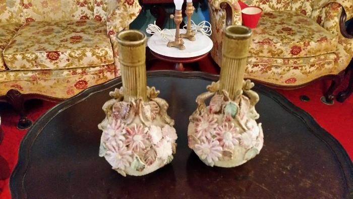 Pair of sand majolica vases