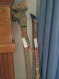 carved wooden walking stick with moose head design, American Indian dancing stick with real deer foot