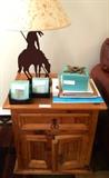 pine side table, metal indian on horse metal lamp