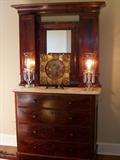 Beautiful mahogany Empire wig dresser. Pretty pair of crystal lamps and a wonderful framed Victorian tin plate.