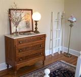 Two more beautiful antique Victorian lamps. The walnut dresser has a marble top and sits on 4 turned legs.