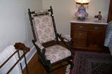 Wonderful bamboo Victorian rocker - you don't see many of these! Cute marble top washstand next to the bed. The blue Gone with the Wind lamp is a pair - beautiful lamps!