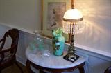 Lemonaide set, Bristol vase and pretty lamp with cut glass shade and prisms.