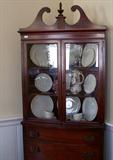 Mahogany corner china cabinet wiht Lenox "Olympia" china, service for 6.