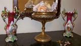 Pair of Old Paris vases - (have had repairs - but excellent repairs and priced accordingly) - Large brass compote (Italy) with seashells.