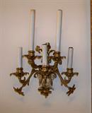 Pair of French brass wall candle sconces, wired