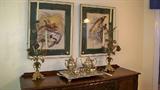 English oak sideboard in the breakfast room - beautiful silverplate 5 piece tea service on a gorgeous tray. Early 1900's candlesticks also shown.