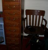 This picture shows the oak file cabinet - the drawers hold two rows of index size cards. Excellent condition.