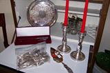 Sterling flatware, sterling candlesticks, silverplate.