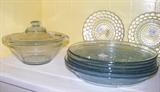 We have a wonderful selection of the pale blue Fire King - several pie plates, covered vegetable bins, a hot plate, and miscellaneous other pieces.
