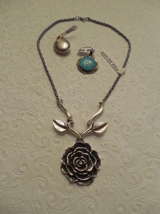 Retired Jeep Collins rose necklace, James Avery Sterling/14kt Gold locket pendant, turquoise pendant