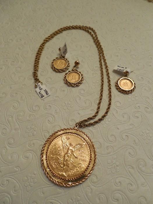 Gold coin necklace and earrings set in 14kt with appraisals