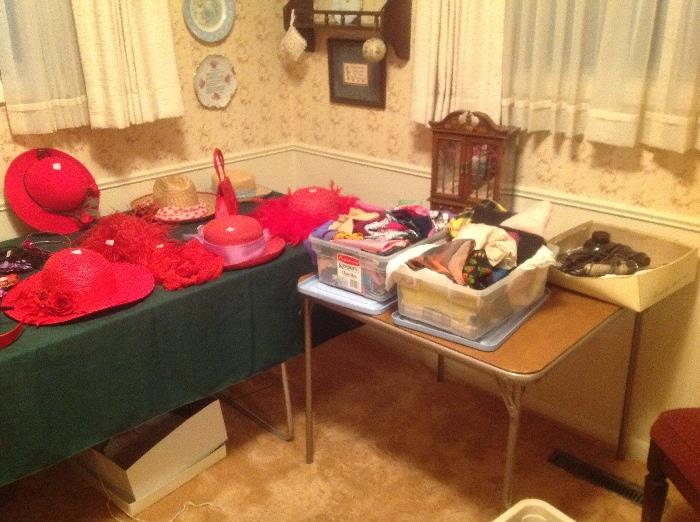 Red Hat hats scarves purses miscellaneous items small jewelry box lots and lots of vintage scarves