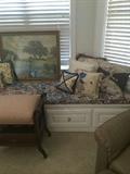           Antique organ bench; variety of pillows