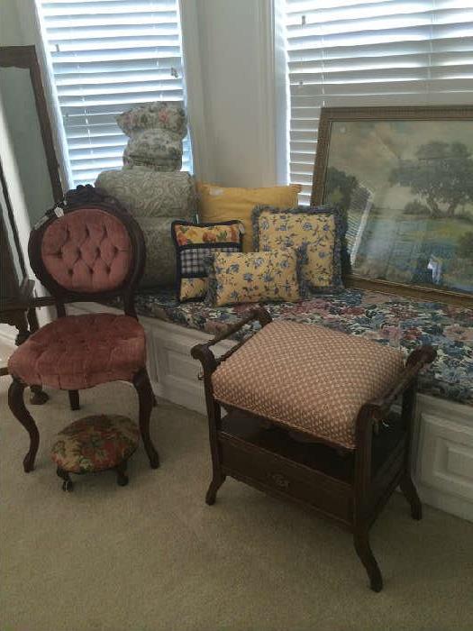 Victorian chair; antique organ bench; variety of pillows; bluebonnet picture